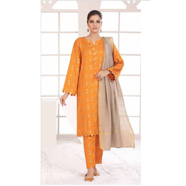 Ideas Mustard Yarn Dyed Shawl Gold Printed Cotail Suit (Unstiched)  3PC