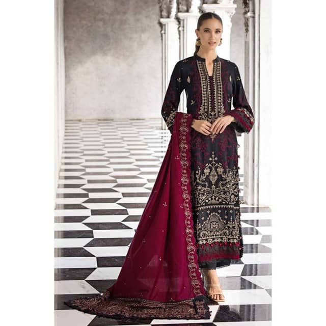 Ideas  Embroidered Pashmina Unstitched Suit with Embroidered Pashmina Shawl AP-32039 3PC