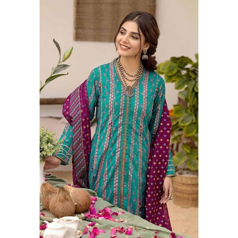Gold Printed Lawn Unstitched Suit with Gota Lace CL-32418 3PC