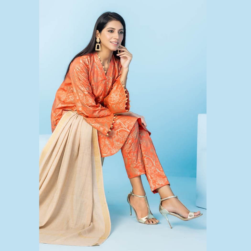 Ideas Yarn Dyed Shawl Unstitched Gold printed Cotail Suit AP-22043 3Pcs