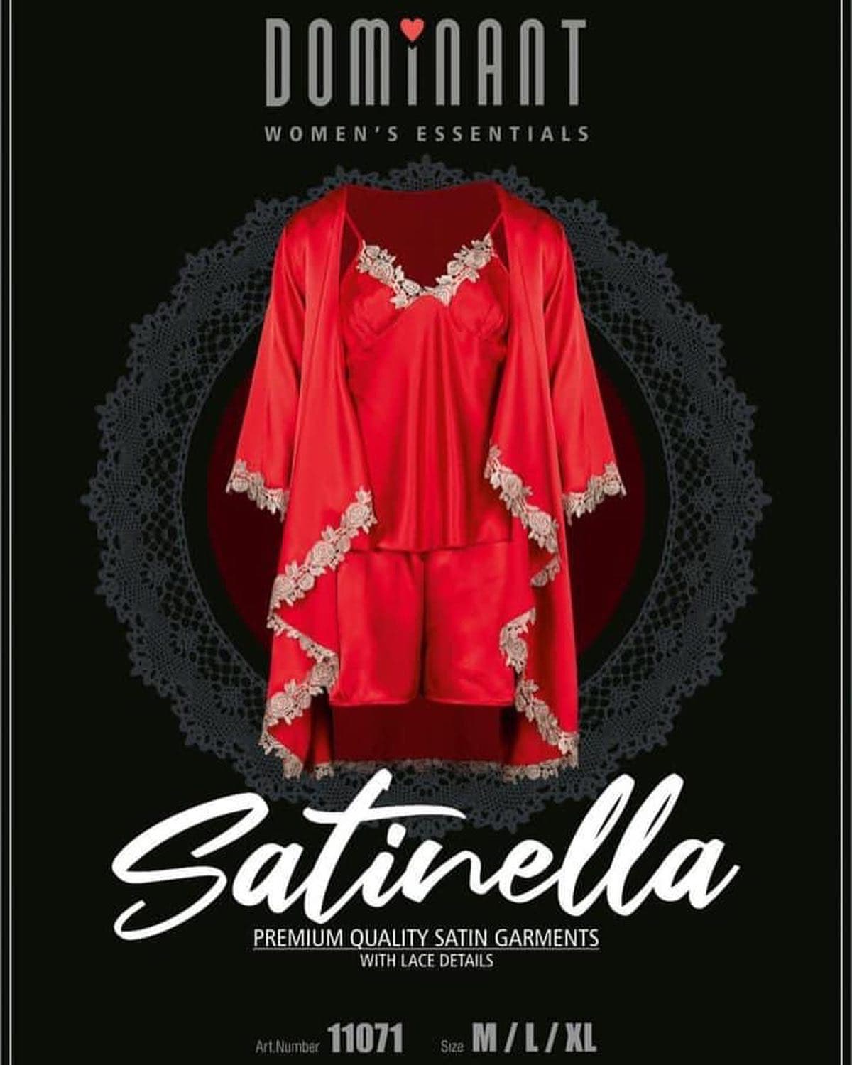 Dominant Women Essentials Satinella 3 Pieces Night Gown Set with Lace Details 11071
